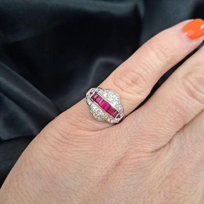 Art Deco Burma Ruby and Diamond Cluster Dress Ring in Platinum
