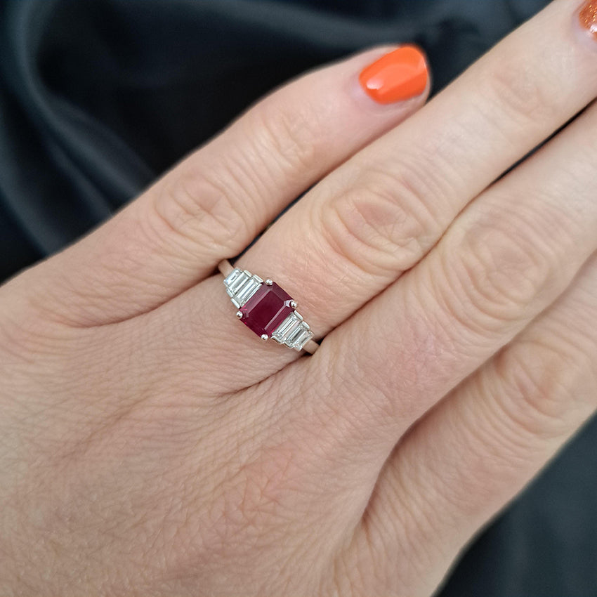 1ct Burma Ruby and Baguette Diamond Engagement Ring in Platinum