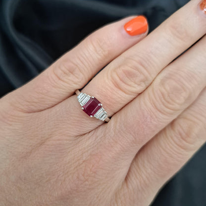 1ct Burma Ruby and Baguette Diamond Engagement Ring in Platinum