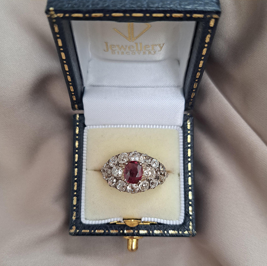 Victorian Antique Siamese Ruby and Old Cut Diamond Cluster Ring
