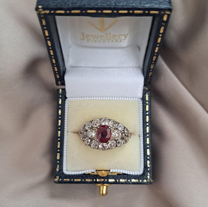 Victorian Antique Siamese Ruby and Old Cut Diamond Cluster Ring