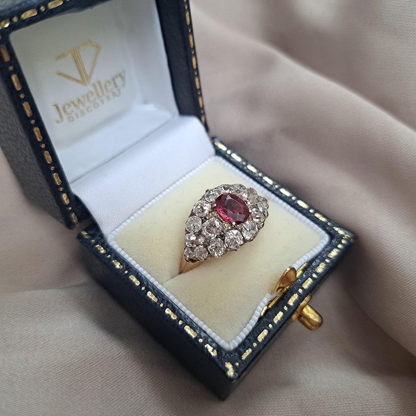 Victorian Antique Siamese Ruby and Old Cut Diamond Cluster Ring