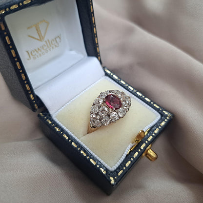 Victorian Antique Siamese Ruby and Old Cut Diamond Cluster Ring