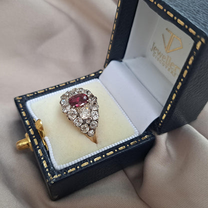 Victorian Antique Siamese Ruby and Old Cut Diamond Cluster Ring