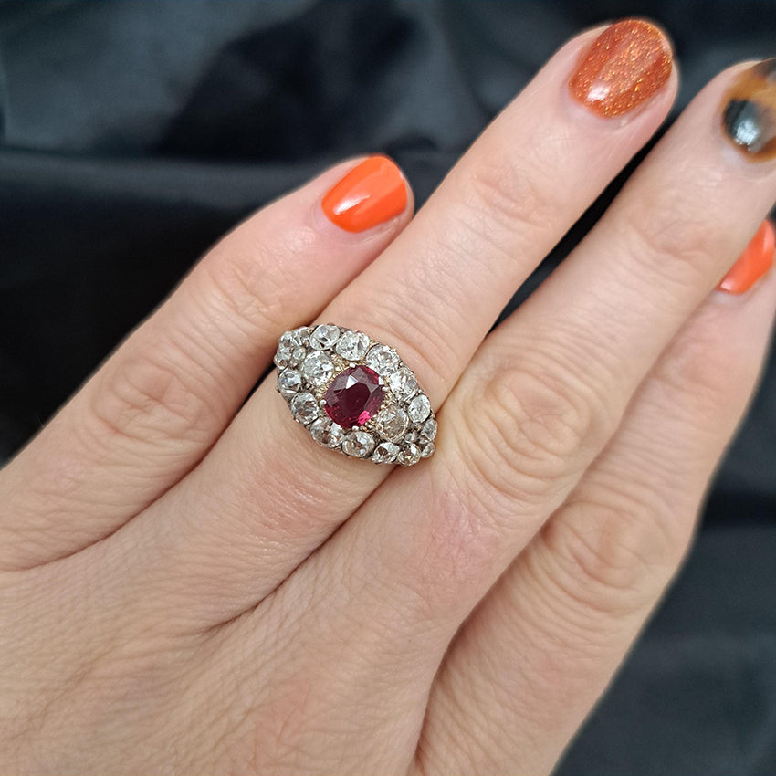 Victorian Antique Siamese Ruby and Old Cut Diamond Cluster Ring
