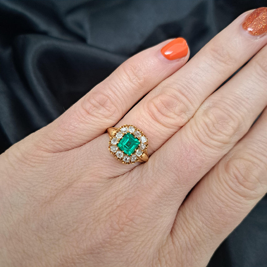 Victorian Antique Colombian Emerald and Diamond Cluster Engagement Ring