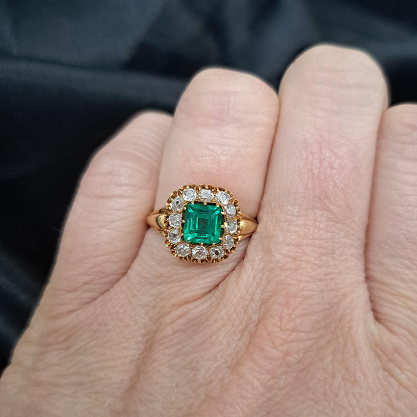 Victorian Antique Colombian Emerald and Diamond Cluster Engagement Ring