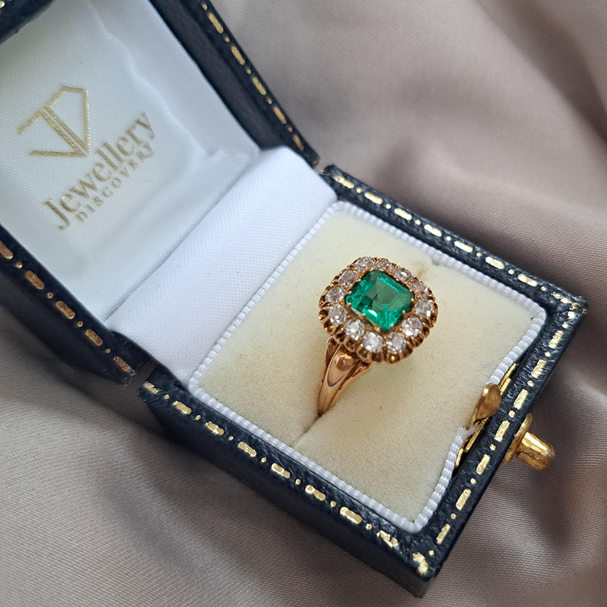 Victorian Antique Colombian Emerald and Diamond Cluster Engagement Ring