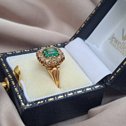 Victorian Antique Colombian Emerald and Diamond Cluster Engagement Ring