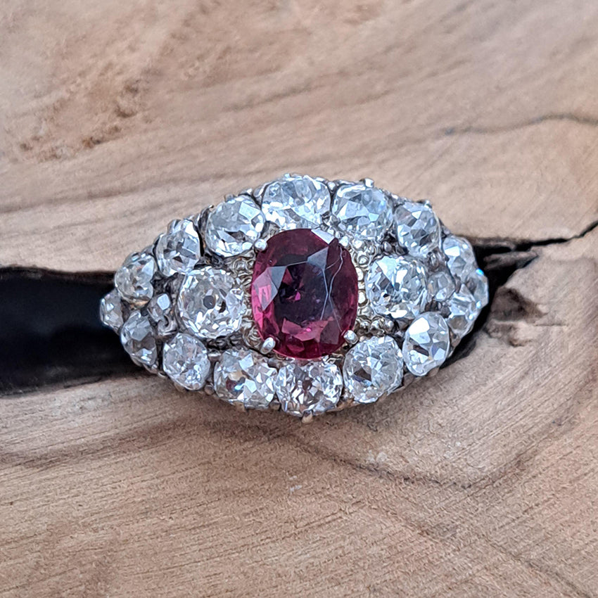 Victorian Antique Siamese Ruby and Old Cut Diamond Cluster Ring