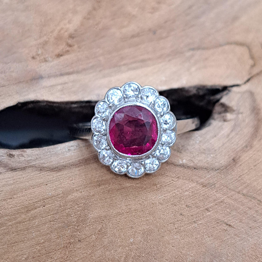 1ct Burma Ruby and Diamond Daisy Cluster Engagement Ring