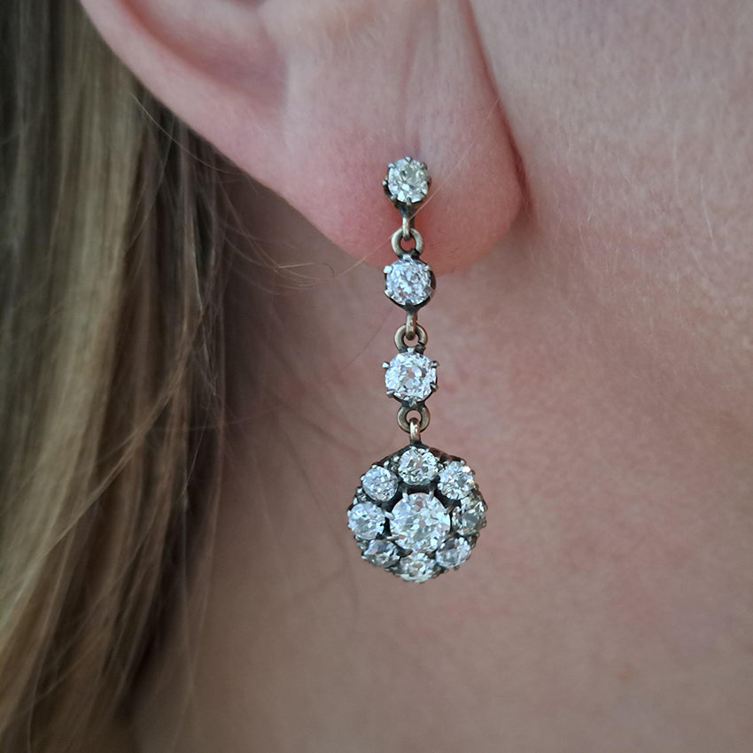 Victorian Antique 4.5ct Old Cut Diamond Cluster Drop Earrings, set with 4.50 carats of old mine-cut diamonds in 18ct gold. Late 19th century, Circa 1890
