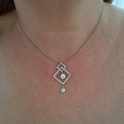 Art Deco 3.5ct Old Cut Diamond Pendant in Platinum, 3.50 carats of old European transitional cut diamonds set in entwined oblique squares. Circa 1920s