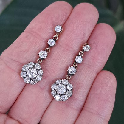Victorian Antique 4.5ct Old Mine Cut Diamond Cluster Drop Earrings in 18ct Yellow Gold, Late 19th century, Circa 1890