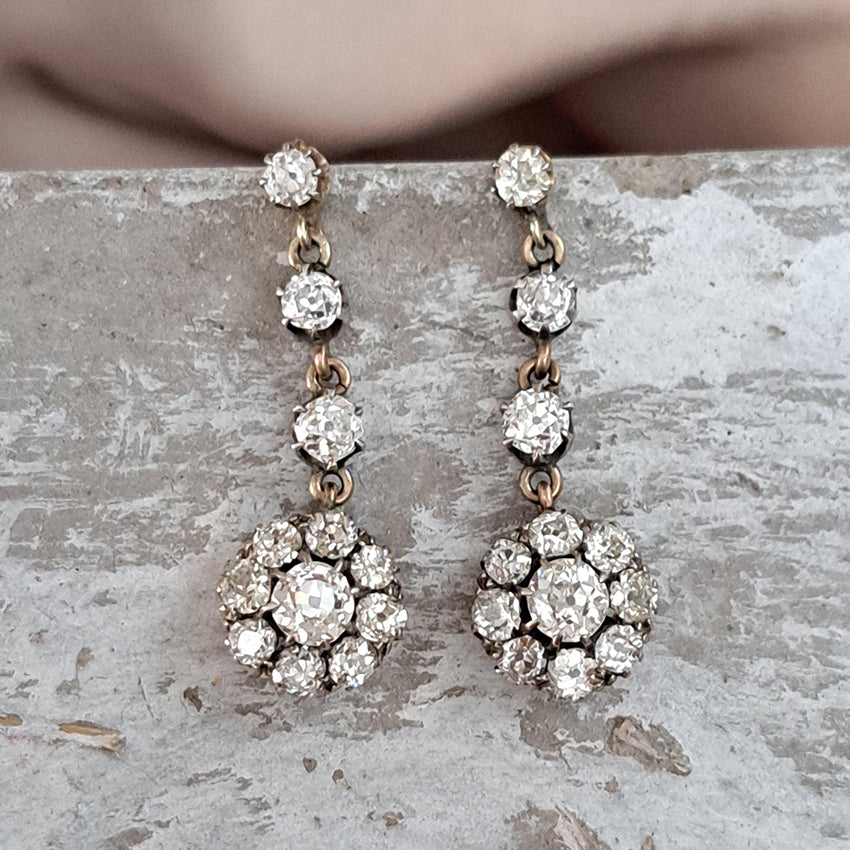Victorian Antique 4.5ct Old Mine Cut Diamond Cluster Drop Earrings in 18ct Yellow Gold, Late 19th century, Circa 1890