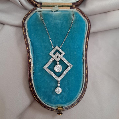 Art Deco 3.5ct Old Cut Diamond Pendant in Platinum, 3.50 carats of old European transitional cut diamonds set in entwined oblique squares. Circa 1920s