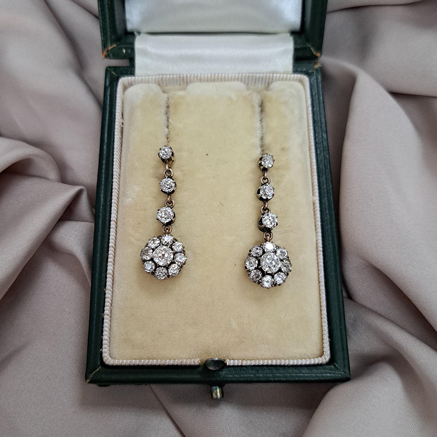 Victorian Antique 4.5ct Old Mine Cut Diamond Cluster Drop Earrings in 18ct Yellow Gold, Late 19th century, Circa 1890