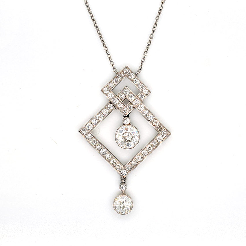 Art Deco 3.5ct Old Cut Diamond Pendant in Platinum, 3.50 carats of old European transitional cut diamonds set in entwined oblique squares. Circa 1920s