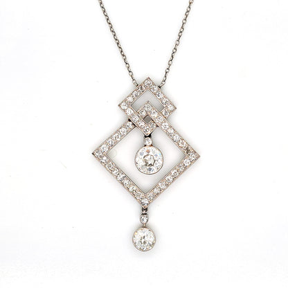 Art Deco 3.5ct Old Cut Diamond Pendant in Platinum, 3.50 carats of old European transitional cut diamonds set in entwined oblique squares. Circa 1920s