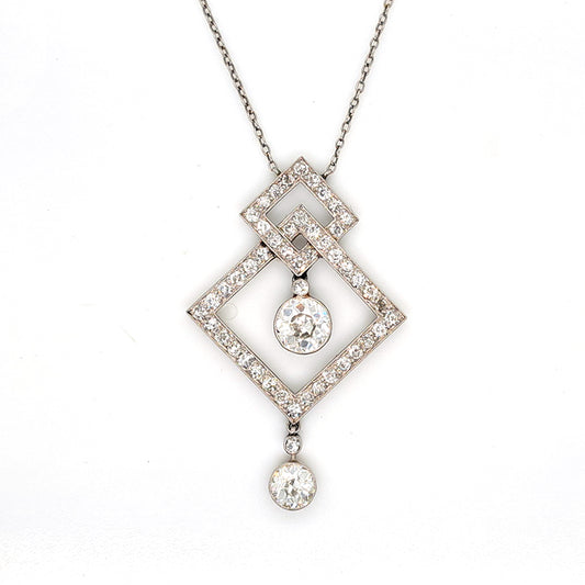 Art Deco 3.5ct Old Cut Diamond Pendant in Platinum, 3.50 carats of old European transitional cut diamonds set in entwined oblique squares. Circa 1920s