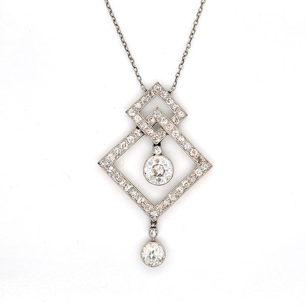 Art Deco 3.5ct Old Cut Diamond Pendant in Platinum, 3.50 carats of old European transitional cut diamonds set in entwined oblique squares. Circa 1920s