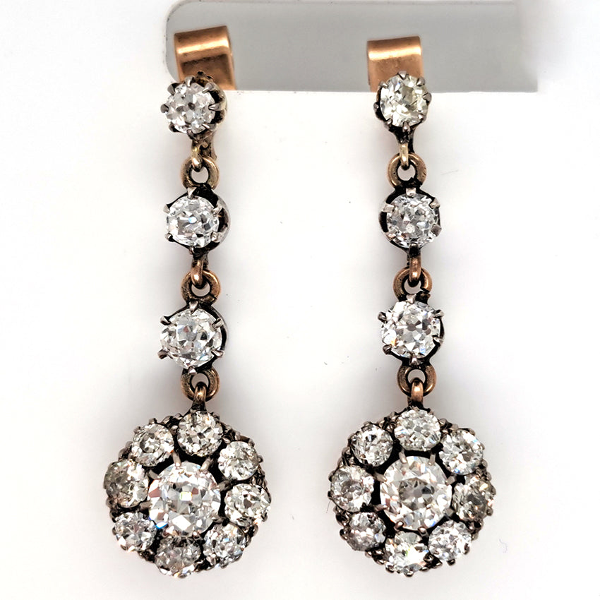 Victorian Antique 4.5ct Old Cut Diamond Cluster Drop Earrings, set with 4.50 carats of old mine-cut diamonds in 18ct gold. Late 19th century, Circa 1890