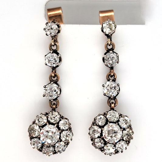 Victorian Antique 4.5ct Old Cut Diamond Cluster Drop Earrings, set with 4.50 carats of old mine-cut diamonds in 18ct gold. Late 19th century, Circa 1890
