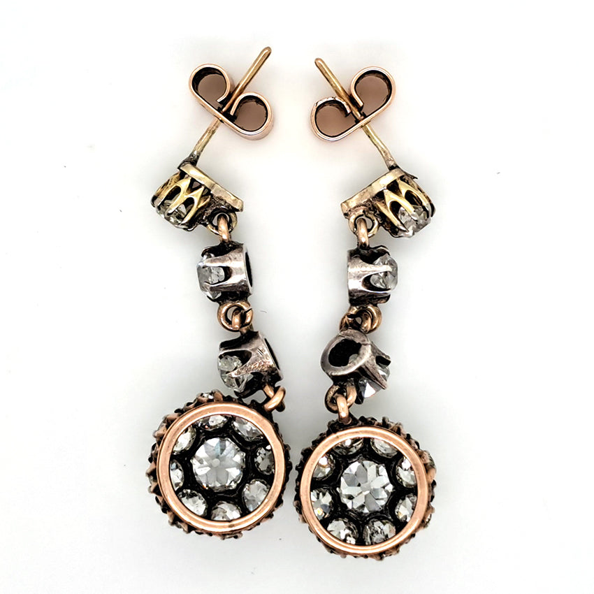 Victorian Antique 4.5ct Old Mine Cut Diamond Cluster Drop Earrings in 18ct Yellow Gold, Late 19th century, Circa 1890