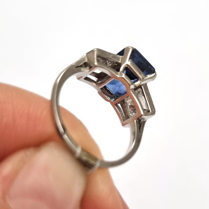 Art Deco 3.20ct Natural Ceylon Sapphire and 1.50ct Diamond Three Stone Trilogy Engagement Ring in Platinum