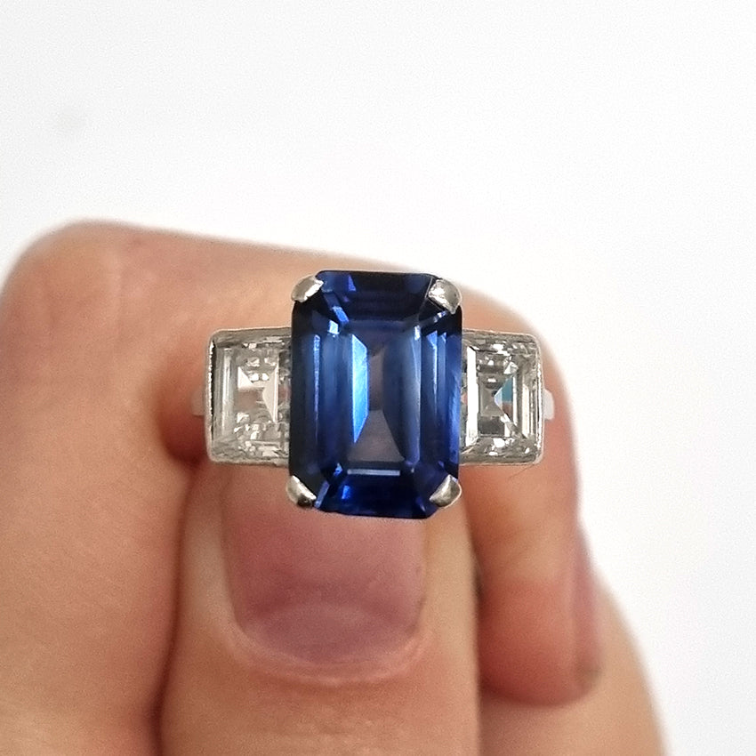 Art Deco 3.20ct Natural Ceylon Sapphire and 1.50ct Diamond Three Stone Trilogy Engagement Ring in Platinum