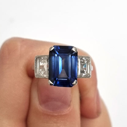 Art Deco 3.20ct Natural Ceylon Sapphire and 1.50ct Diamond Three Stone Trilogy Engagement Ring in Platinum