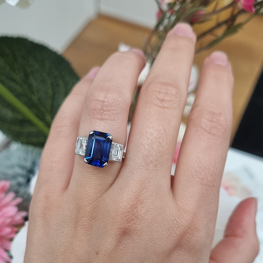 Art Deco 3.20ct Natural Ceylon Sapphire and 1.50ct Diamond Three Stone Trilogy Engagement Ring in Platinum