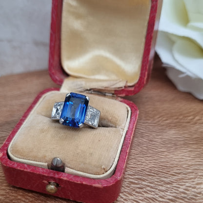 Art Deco 3.20ct Natural Ceylon Sapphire and 1.50ct Diamond Three Stone Trilogy Engagement Ring in Platinum