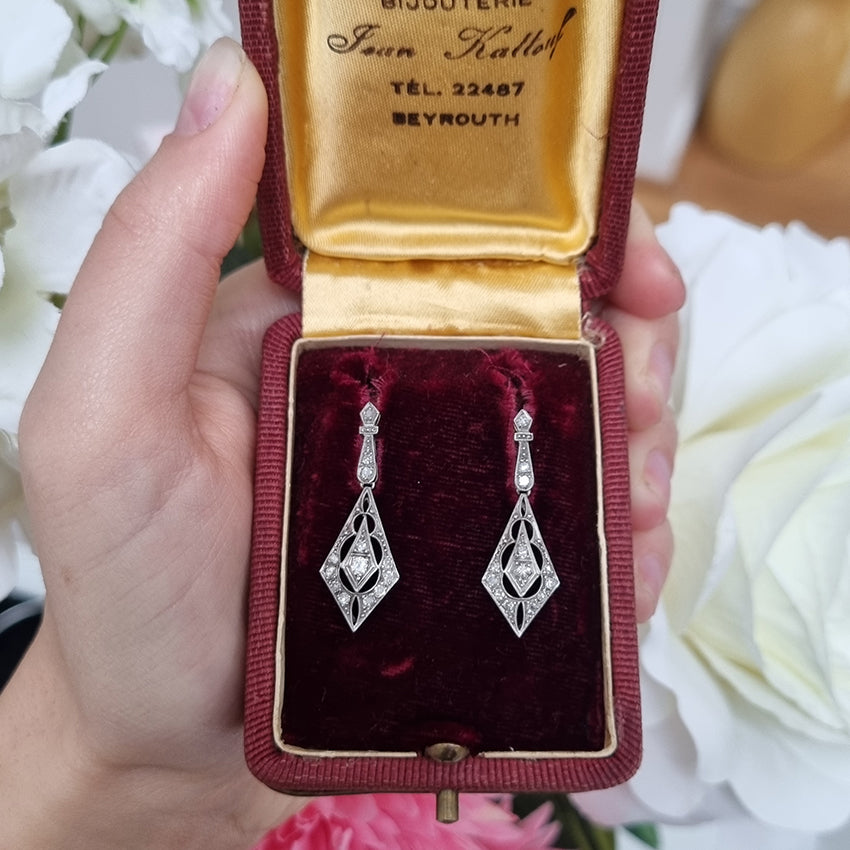 Victorian Antique 0.80ct Diamond Cluster Drop Earrings, kite-shaped design with pierced openwork in silver upon gold. Late 19th century Circa 1880