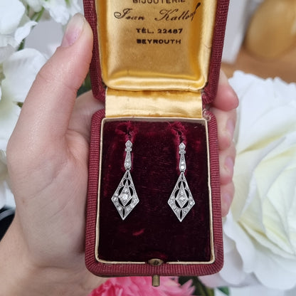 Victorian Antique 0.80ct Diamond Cluster Drop Earrings, kite-shaped design with pierced openwork in silver upon gold. Late 19th century Circa 1880