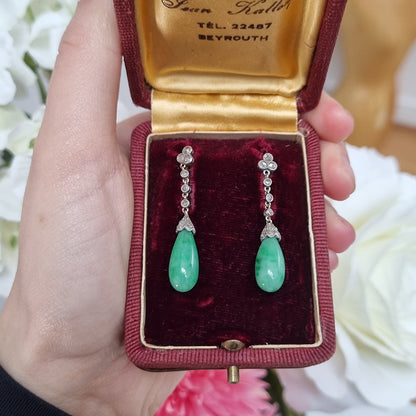 Antique Jadeite Jade and Rose Cut Diamond Drop Earrings in Platinum