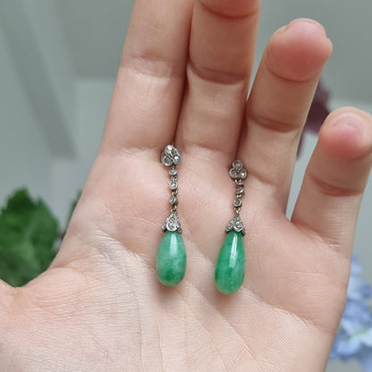 Antique Jadeite Jade and Rose Cut Diamond Drop Earrings in Platinum