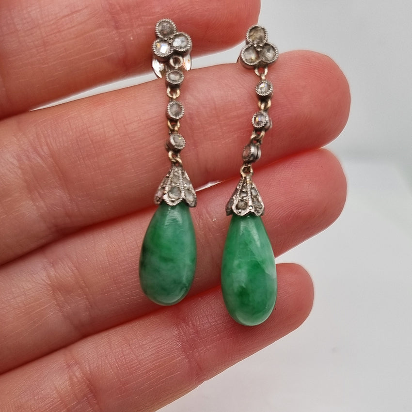 Antique Jadeite Jade and Rose Cut Diamond Drop Earrings in Platinum