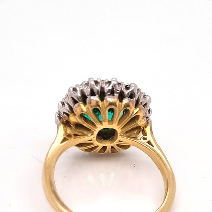 Vintage 2ct Emerald and Diamond Cluster Engagement Ring, 2ct cushion-cut emerald surrounded by 0.84cts round brilliant-cut diamonds in 18ct gold
