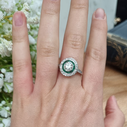 Art Deco 1.07ct Diamond and Emerald Target Cluster Engagement Ring in Platinum