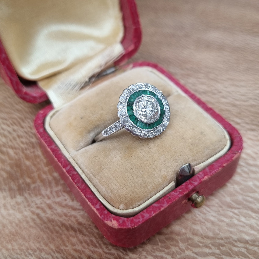 Art Deco 1.07ct Diamond and Emerald Target Cluster Engagement Ring in Platinum