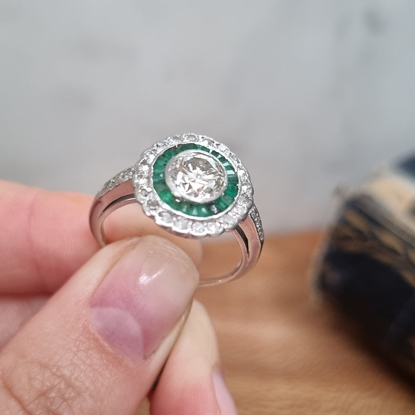Art Deco 1.07ct Diamond and Emerald Target Cluster Engagement Ring in Platinum