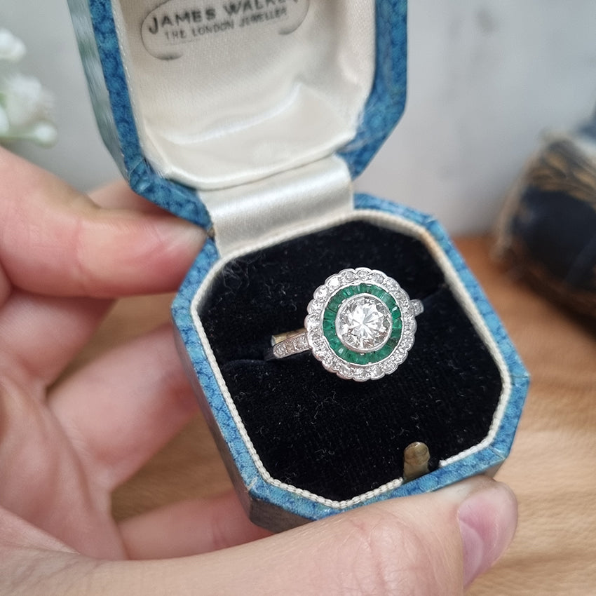 Art Deco 1.07ct Diamond and Emerald Target Cluster Engagement Ring in Platinum
