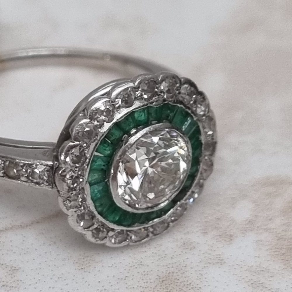 Art Deco 1.07ct Diamond and Emerald Target Cluster Engagement Ring in Platinum