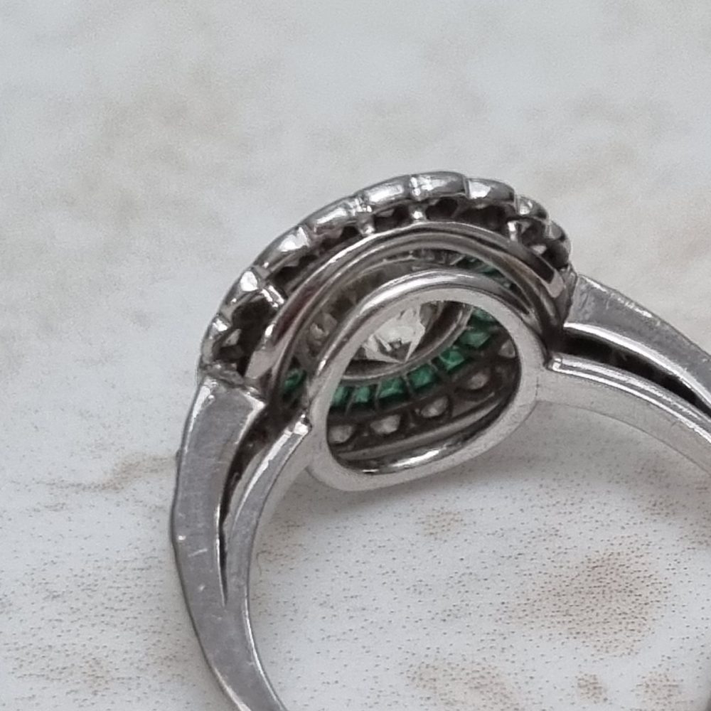 Art Deco 1.07ct Diamond and Emerald Target Cluster Engagement Ring in Platinum