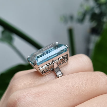 Art Deco 23.18ct Emerald Cut Aquamarine Solitaire Cocktail Ring in Platinum