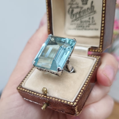 Art Deco 23.18ct Emerald Cut Aquamarine Solitaire Cocktail Ring in Platinum