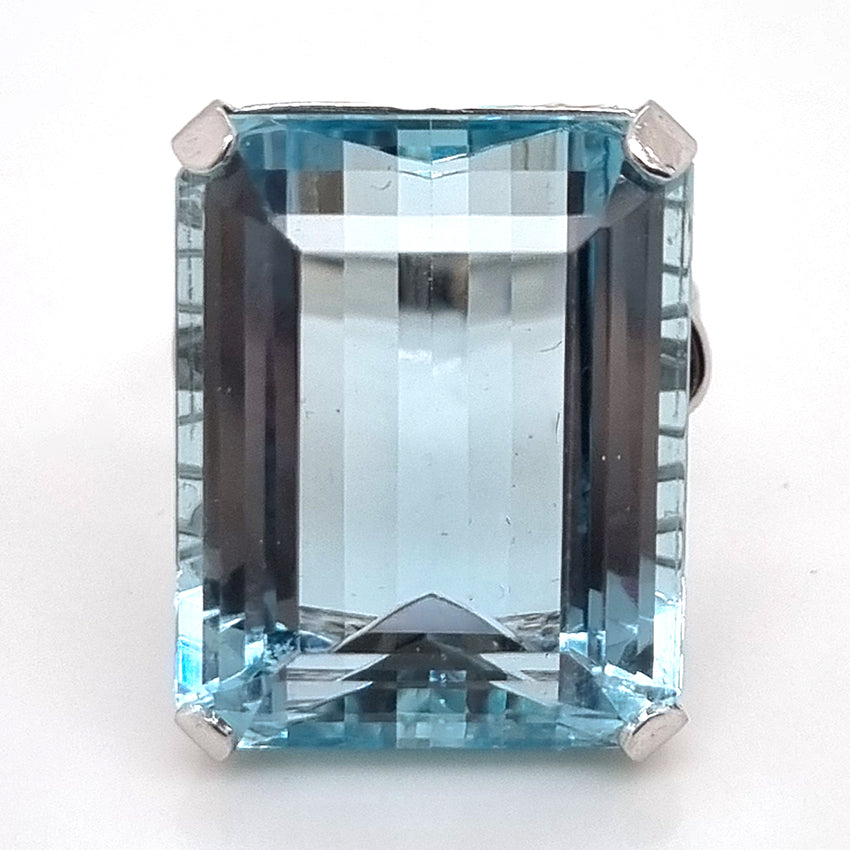 Art Deco 23.18ct Emerald Cut Aquamarine Solitaire Cocktail Ring in Platinum
