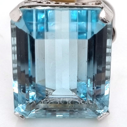 Art Deco 23.18ct Emerald Cut Aquamarine Solitaire Cocktail Ring in Platinum