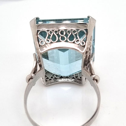 Art Deco 23.18ct Emerald Cut Aquamarine Solitaire Cocktail Ring in Platinum